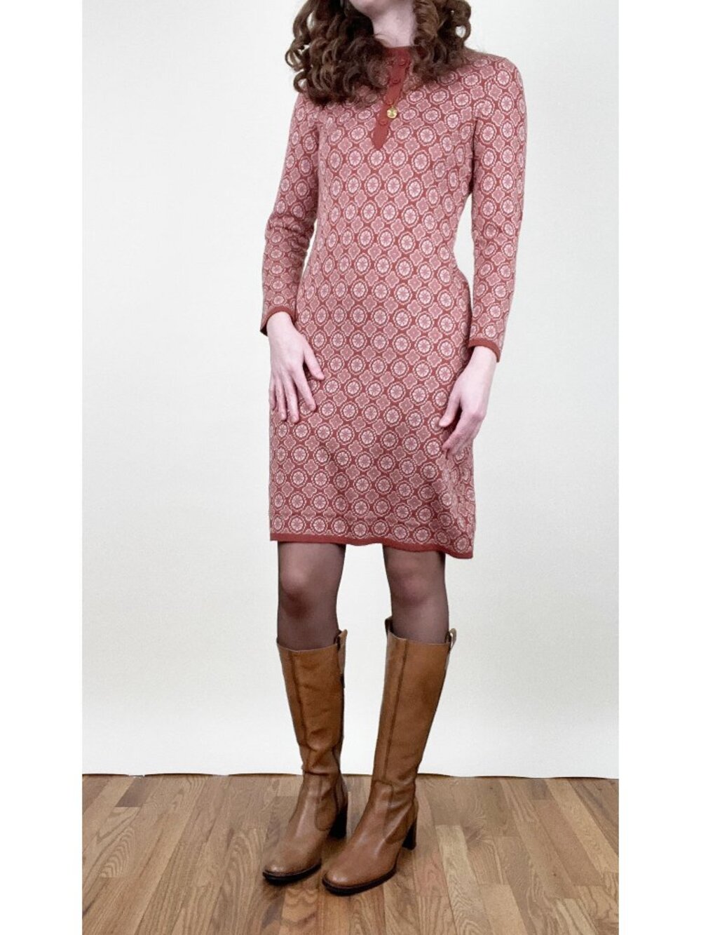 Vintage 70s Mini Dress Long Sleeve Geometric Print Knit Pattern 1970's MCM Mod
